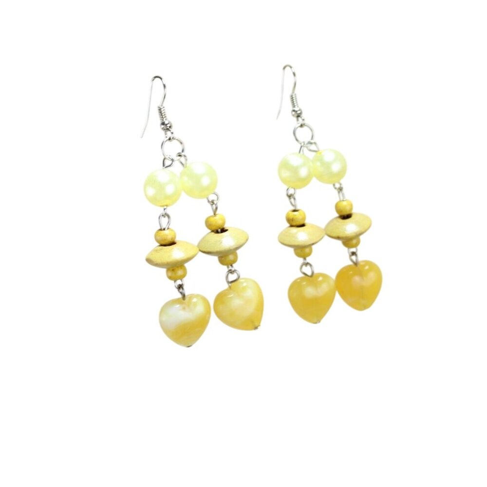 Yellow Beaded Drop Pierced Earrings Dangle Faux Pearls Hearts 92544